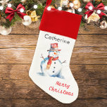 Snowman Watercolor Cute Festive Kids Personalised Christmas Stocking<br><div class="desc">This festive Christmas stocking features a cheerful snowman picture in a watercolor style. With the greeting 'Merry Christmas' in red script typography, the stocking has a wide red border at the top with a hanging loop. Full of seasonal charm, the stocking can be personalised with the recipient's name for the...</div>