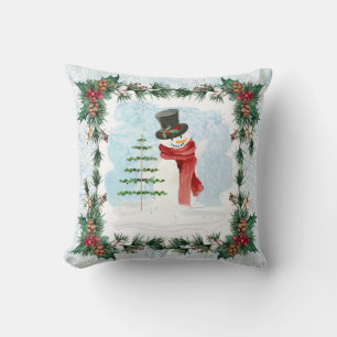 Snowman Watercolor Holly Pine Foliage Blue Winter  Cushion