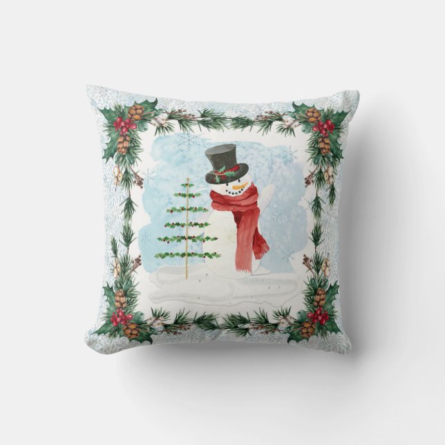 Snowman Watercolor Holly Pine Foliage Blue Winter  Cushion (Front)