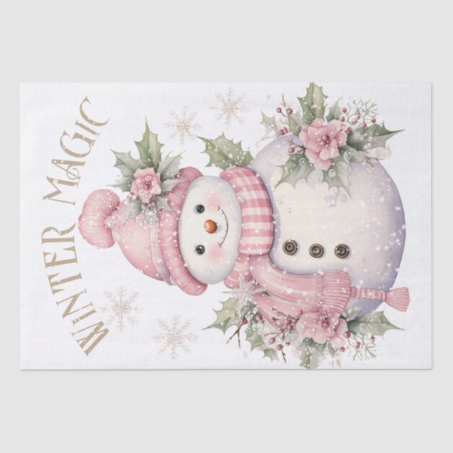 Snowman Watercolor Pink Winter Christmas Tissue Paper (Front)