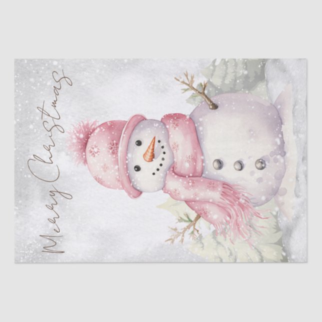 Snowman Watercolor Pink Winter Christmas Tissue Paper (Front)