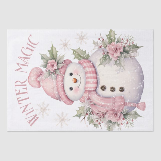 Snowman Watercolor Pink Winter Christmas Tissue Paper (Front)