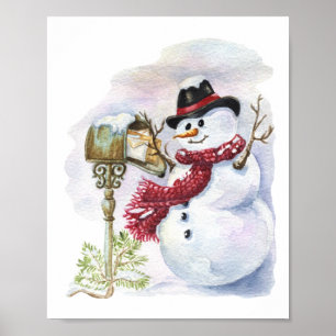 Snowman Watercolor Winter Christmas Decoupage Poster