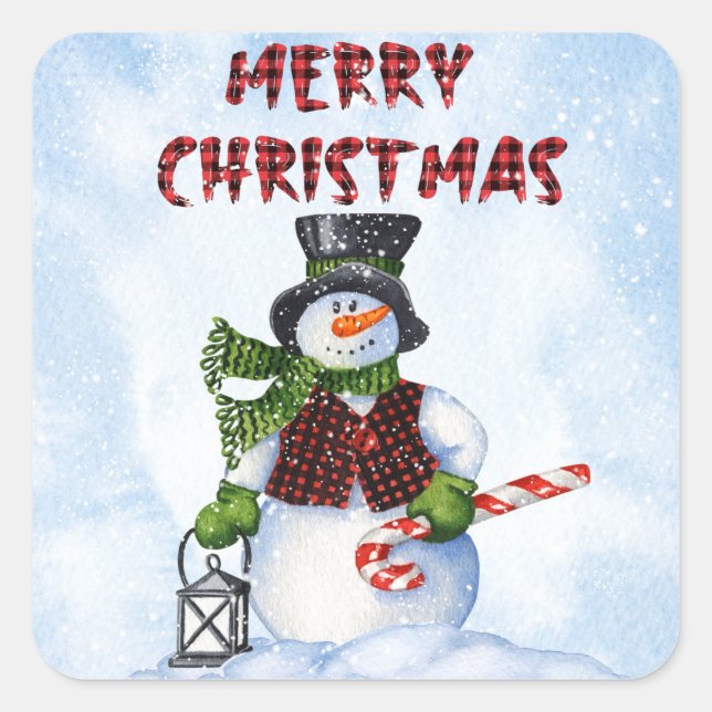 Snowman Watercolor Winter Christmas Square Sticker (Front)
