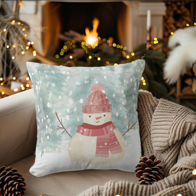 Snowman Watercolor Winter Woodland Christmas Cushion (Creator Uploaded)