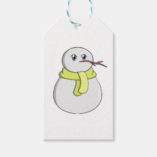 Snowman wearing a yellow scarf gift tags