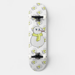 Snowman wearing a yellow scarf skateboard