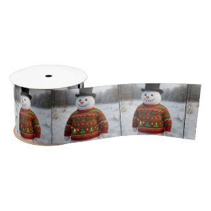 Snowman Wearing an Christmas Ugly Sweater Satin Ribbon