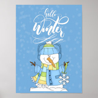 Snowman Wearing Blue - Hello Winter Poster