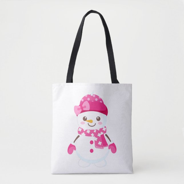 Snowman Wearing Pink Hat and Scarf Tote Bag (Front)