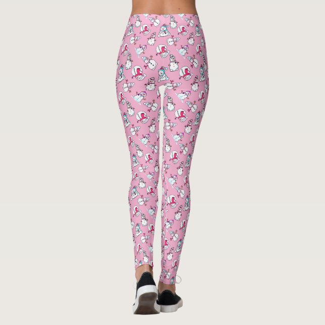 Snowman Wearing Scarfs | Pastel Pink Christmas Leggings (Back)
