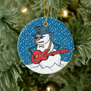 Snowman Wearing Sunglasses & Hat Playing A Guitar Ceramic Tree Decoration