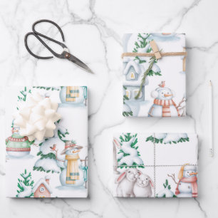 Snowman White Rabbit Trees Watercolor Christmas Wrapping Paper Sheet