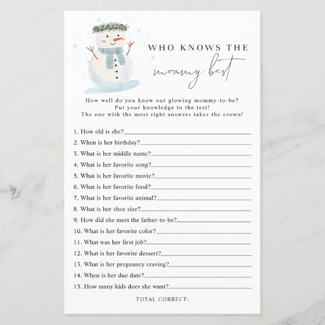 Snowman Who knows mummy best baby shower game (Front)