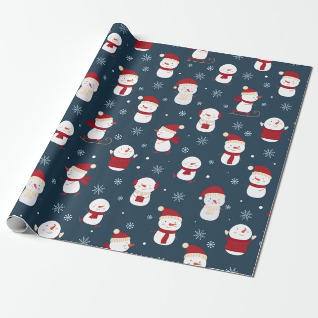 Snowman Winter Hats Wrapping Paper (Unrolled)