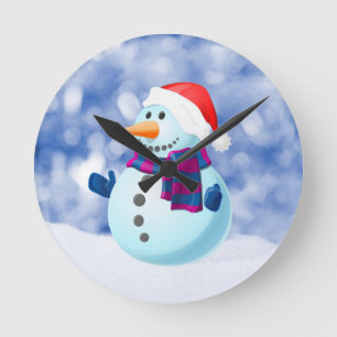 Snowman Winter Merry Christmas Snow Round Clock