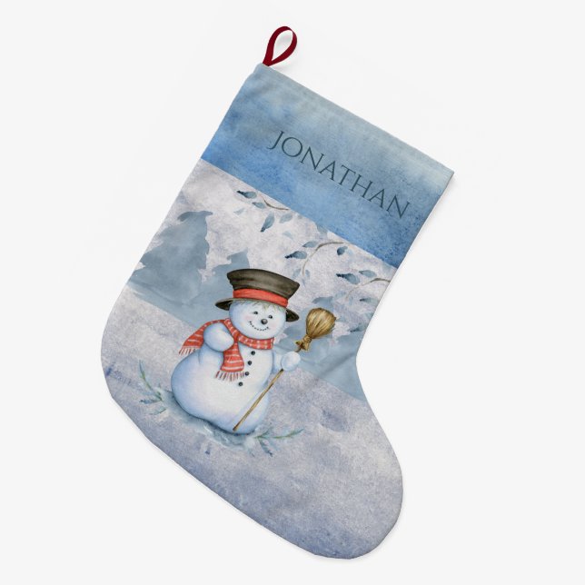 Snowman Winter Merry Typography Holiday Christmas Large Christmas Stocking (Front (Hanging))