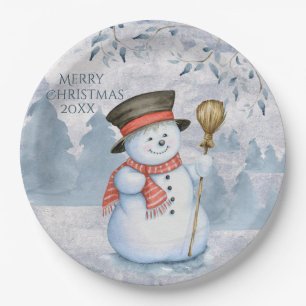 Snowman Winter Merry Typography Holiday Christmas Paper Plate