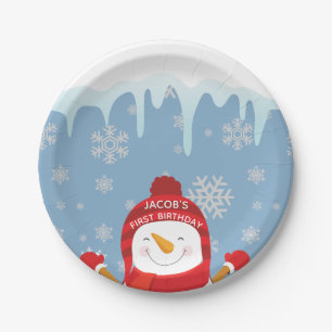 Snowman Winter Onederland Boy First Birthday Paper Plate