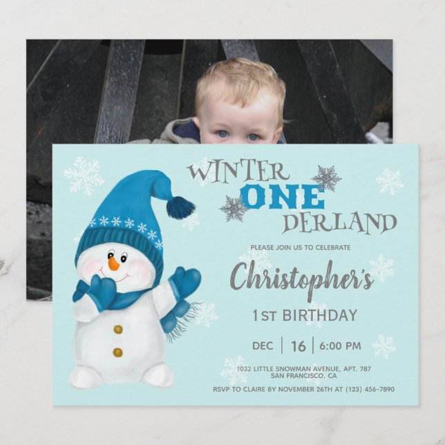 Snowman Winter Onederland First Birthday Photo Invitation (Front/Back)
