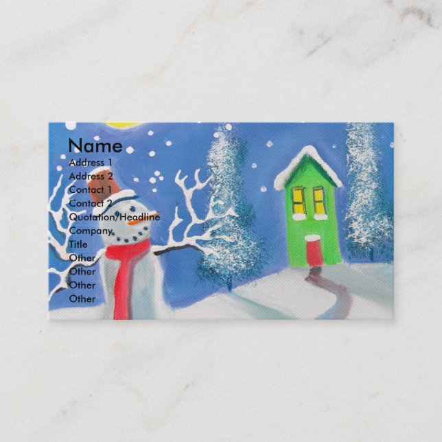 Snowman winter scene folk art painting business card (Front)