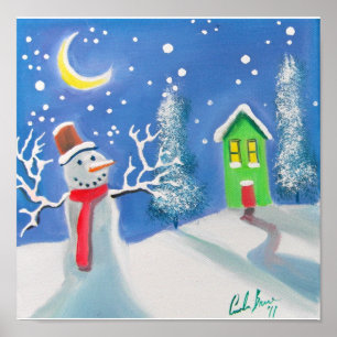 Snowman winter scene folk art painting poster
