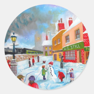 Snowman winter scene folk art painting train classic round sticker