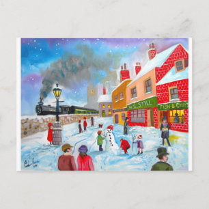 Snowman winter scene folk art painting train postcard