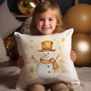 Snowman Winter Snow Gold White Cushion