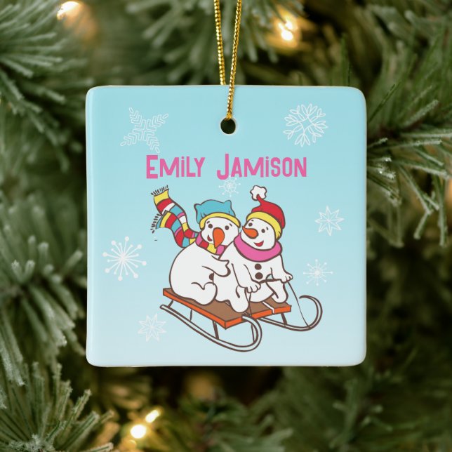 Snowman Winter Sports Name and Wish Ceramic Orname Ceramic Ornament (Tree)