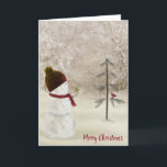 Snowman With a Christmas Gold Star Holiday Card<br><div class="desc">A cute snowman wearing a stocking cap and scarf holds a gold star for an old pine.
All text can be changed.</div>