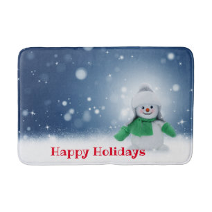 Snowman with a green scarf bath mat