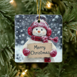 Snowman With a Merry Christmas Sign Ceramic Ornament
