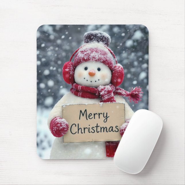 Snowman With a Merry Christmas Sign Mouse Mat (With Mouse)