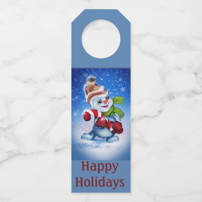 Snowman with a scarf   bottle tag (Front)
