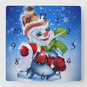 Snowman with a scarf square wall clock