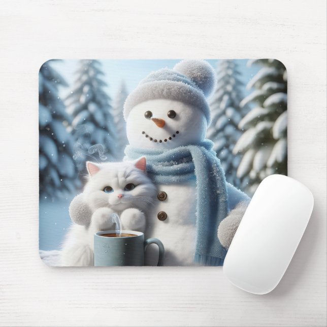 Snowman With a White Cat Mouse Mat (With Mouse)