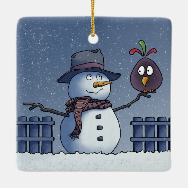 Snowman with Bird Ceramic Ornament (Back)