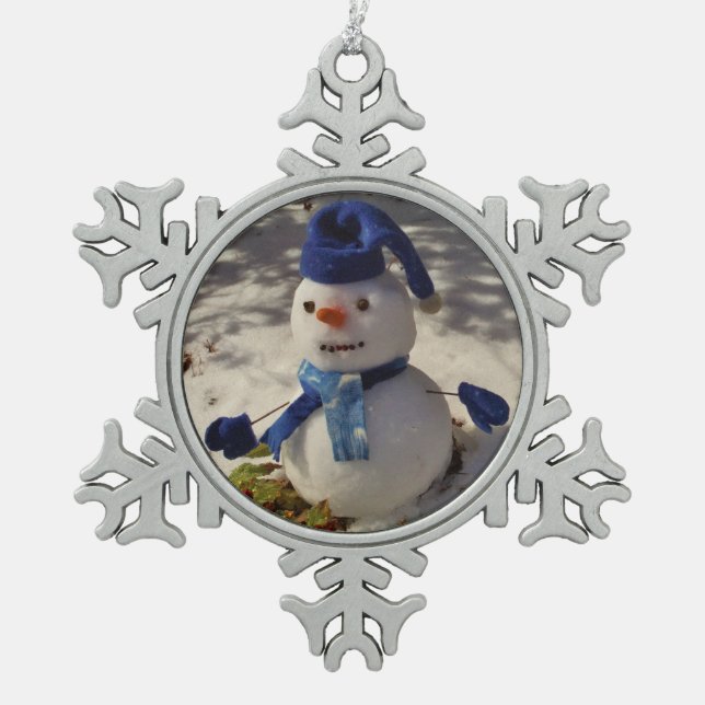Snowman with Blue hat, gloves and Scarf Snowflake Pewter Christmas Ornament (Front)