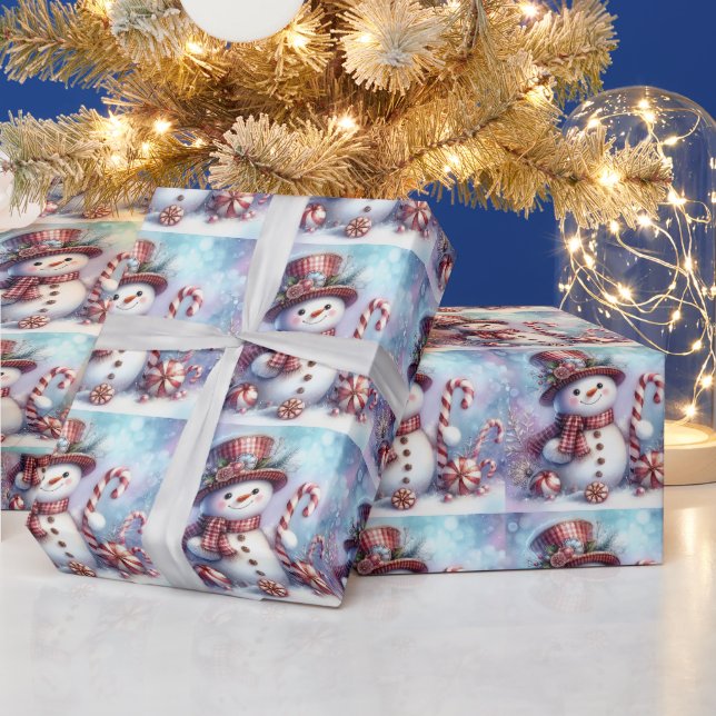 Snowman with Candy Cane and Peppermints  Wrapping Paper (Holidays)