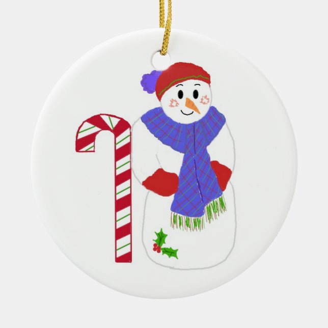 Snowman with Candy Cane Ceramic Tree Decoration (Front)