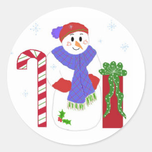 Snowman with Candy Cane Classic Round Sticker