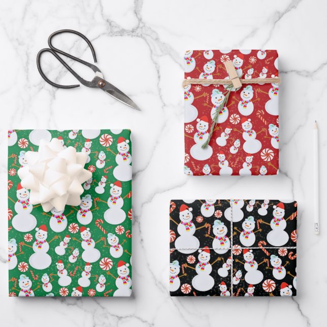 Snowman with Candy Canes and Christmas Candies Wrapping Paper Sheet (Front)