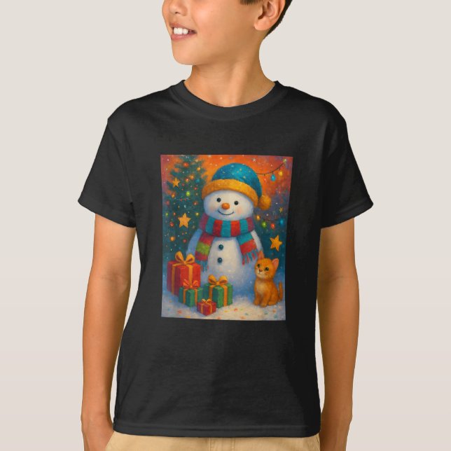Snowman with Christmas Festive Winter Holiday Art T-Shirt (Front)