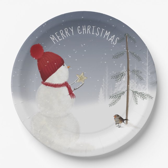 Snowman With Christmas Star  Paper Plate (Front)