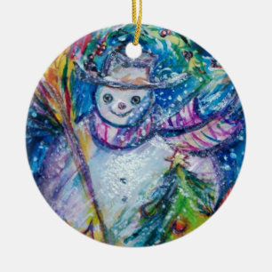 SNOWMAN WITH CHRISTMAS TREE AND TOYS CERAMIC TREE DECORATION