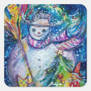SNOWMAN WITH CHRISTMAS TREE AND TOYS IN WINTER SQUARE STICKER