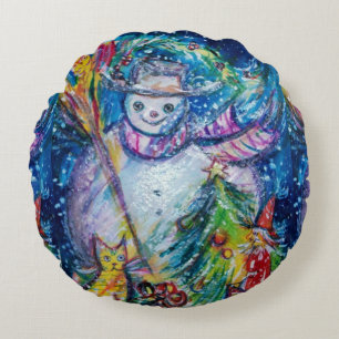 SNOWMAN WITH CHRISTMAS TREE AND TOYS ROUND CUSHION