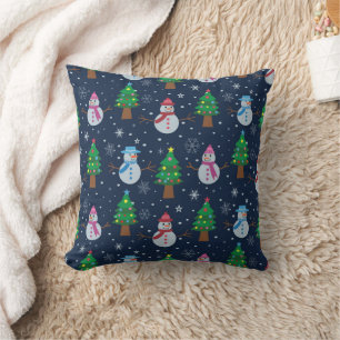 Snowman with Christmas trees and snowflakes  Cushion