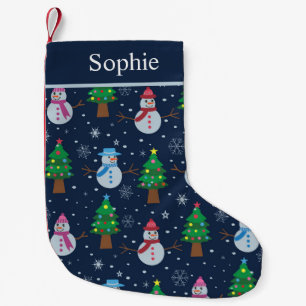 Snowman with Christmas trees and snowflakes custom Small Christmas Stocking